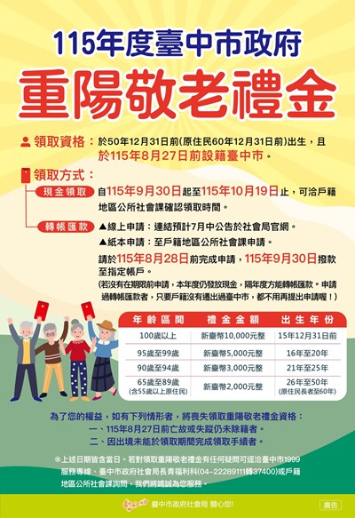 中市重陽敬老禮金開放線上申請匯款 9月30日發放首日直接入帳